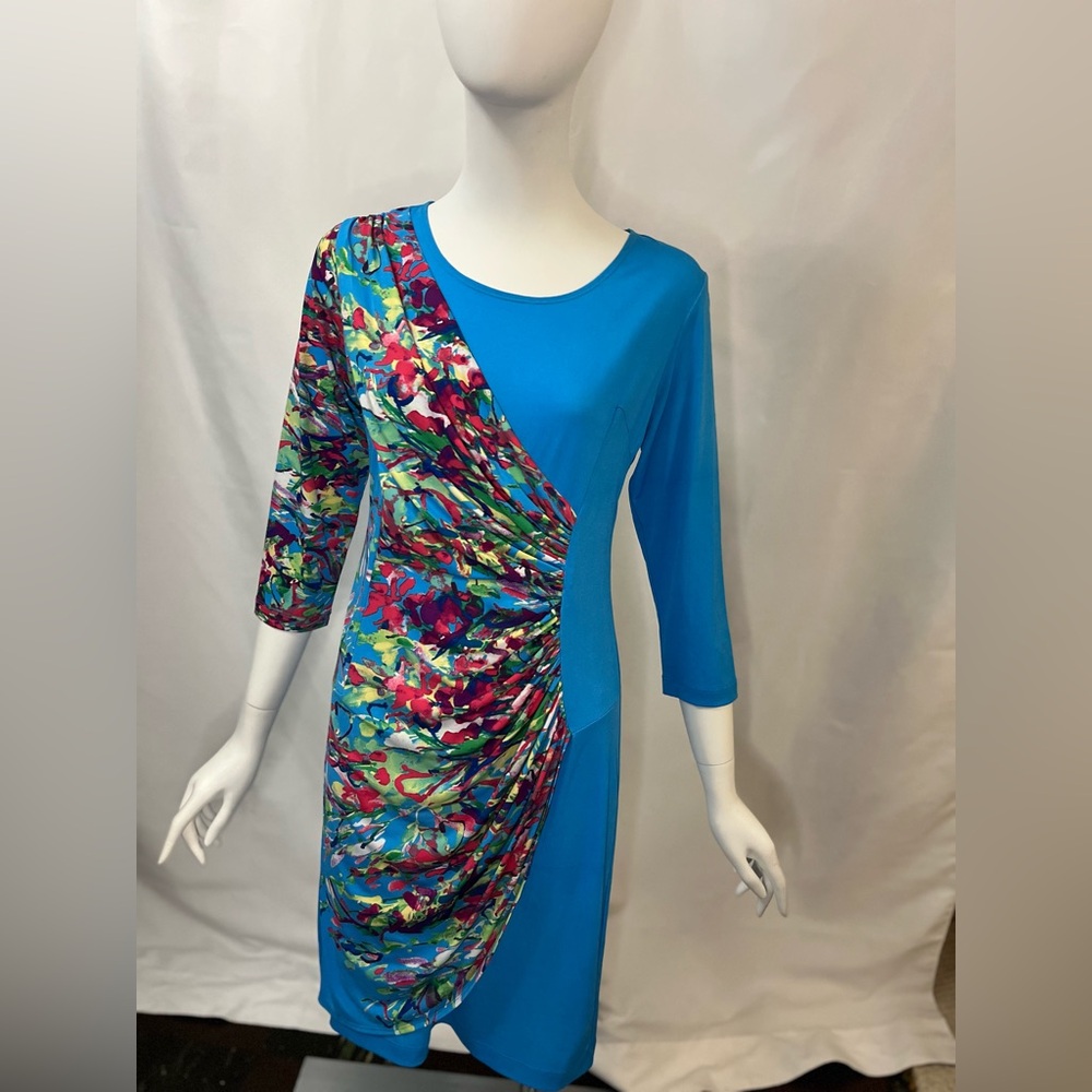 Tiana B. Blue Multicolor Ruched Sheath Dress
